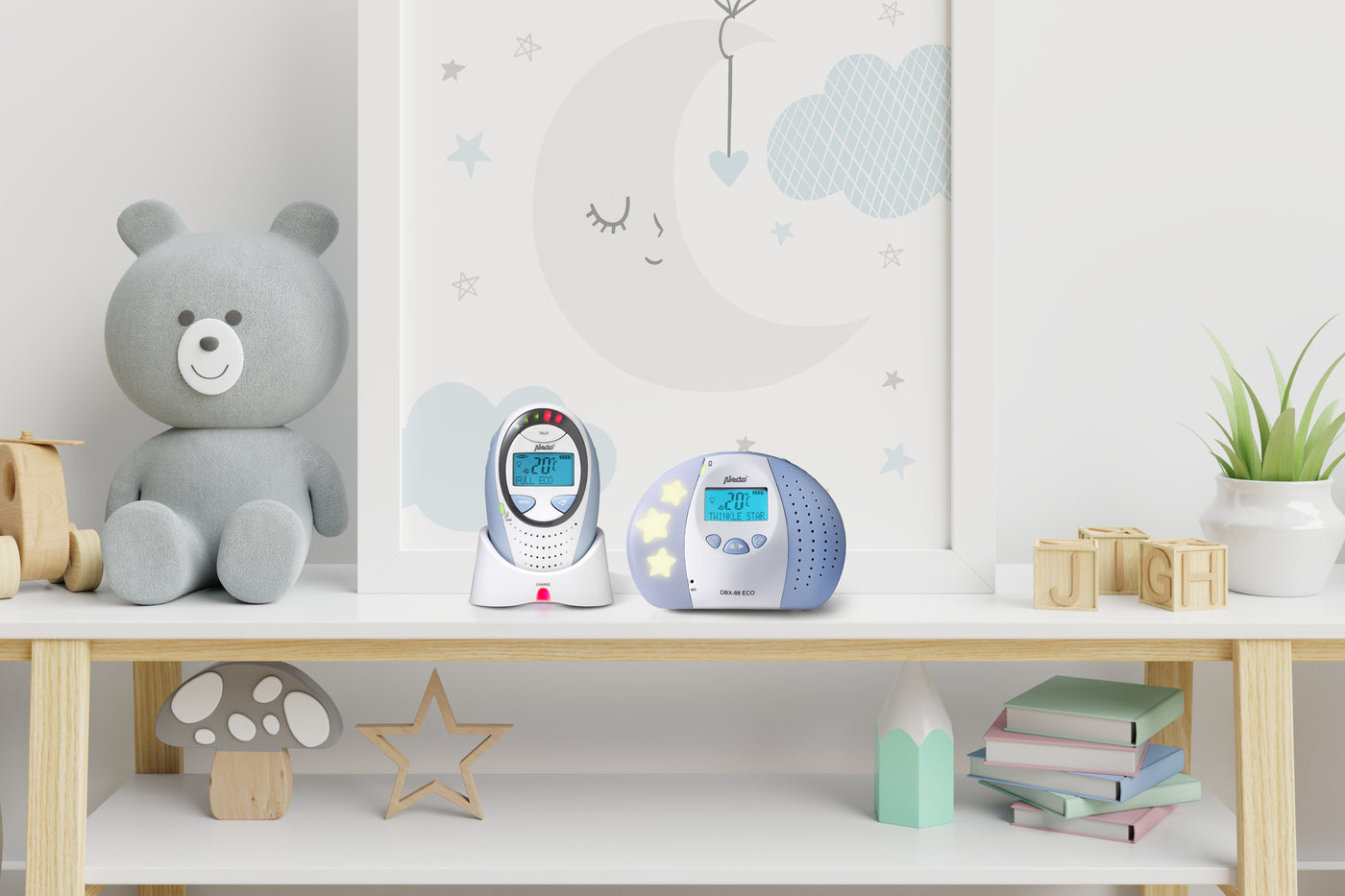 Alecto DBX-88 ECO - DECT Babyphone mit Full ECO-Modus und Display, weiß/blau
