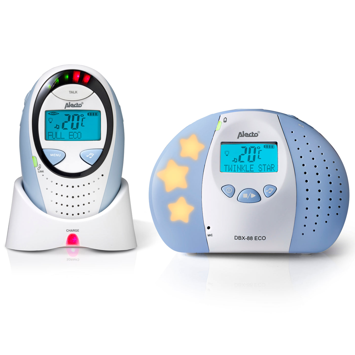 Alecto DBX-88 ECO - DECT Babyphone mit Full ECO-Modus und Display, weiß/blau