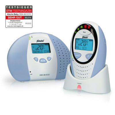Alecto DBX-88 ECO - DECT Babyphone mit Full ECO-Modus und Display, weiß/blau